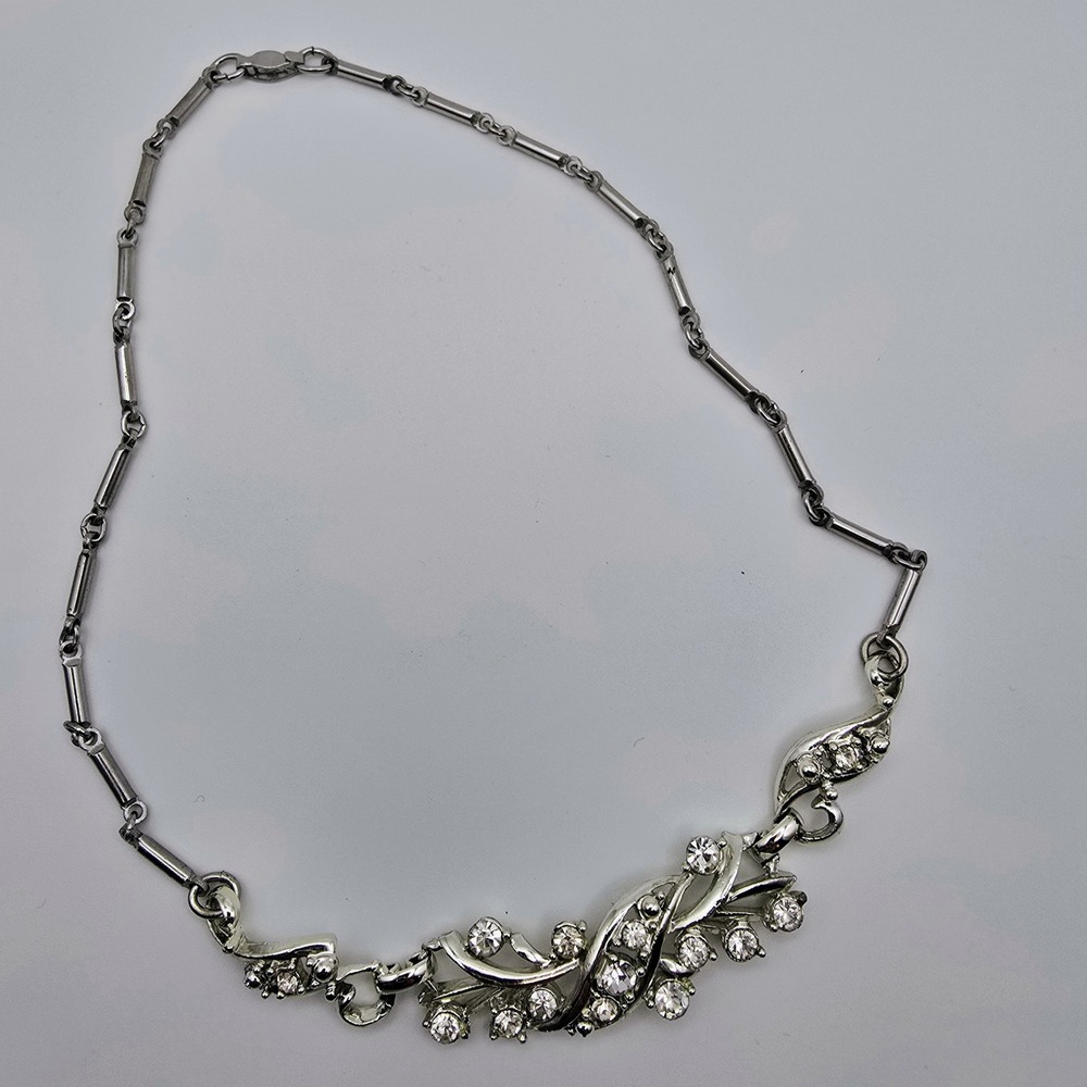 Vintage Silver Tone Clear Rhinestone Floral Spray Bar Link Choker Necklace 14" - Picture 3 of 8